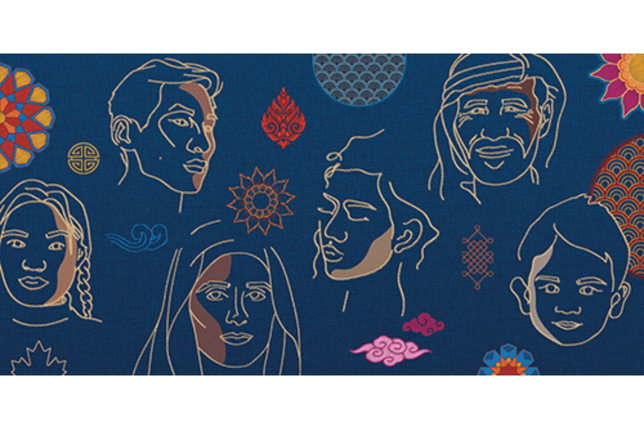 Picture with a dark blue background with textured motifs from across Asia.